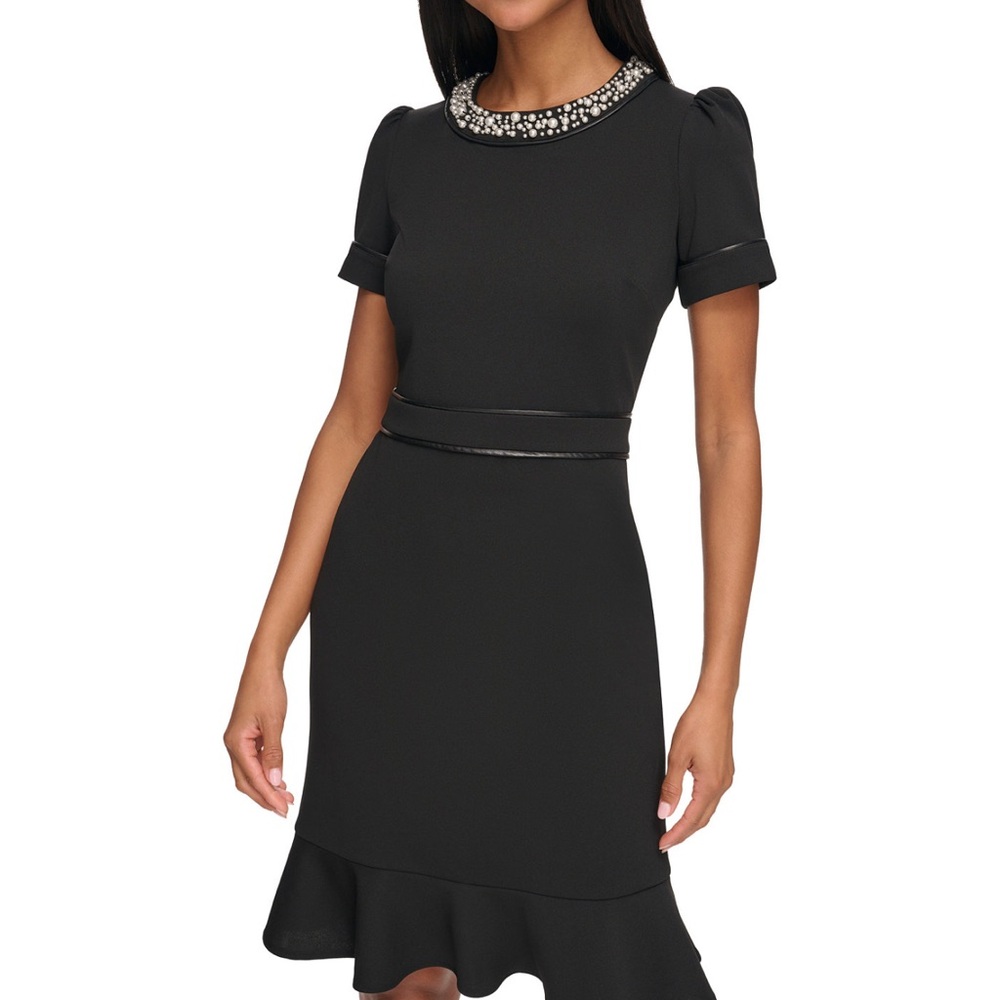 KARL LAGERFELD PARIS Scuba Crepe A Line Dress faux leather trim